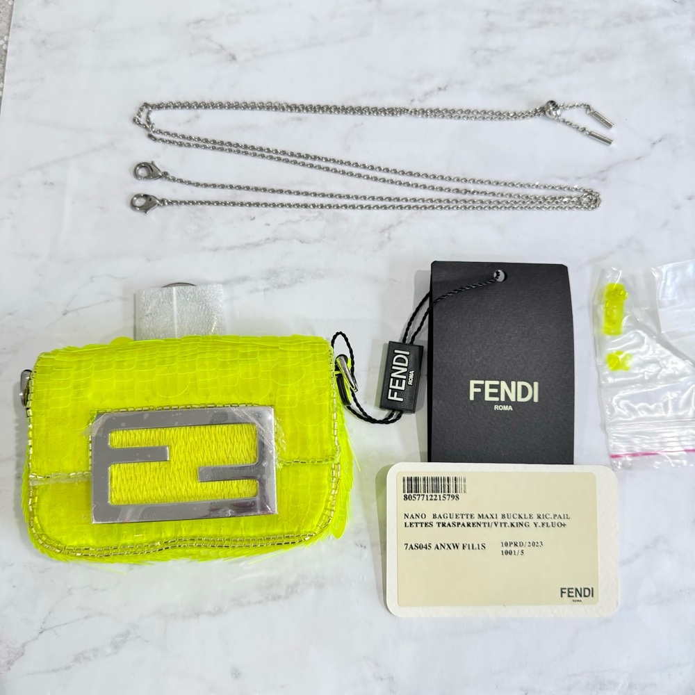 Fendi Nano Baguette Neon Yellow Sequins Silver Hardware Bag Charm Bag Adjustable
